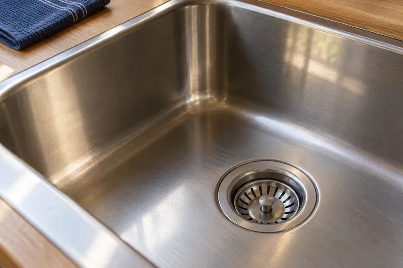 Close view of a stainless steel sink strainer and clean basin