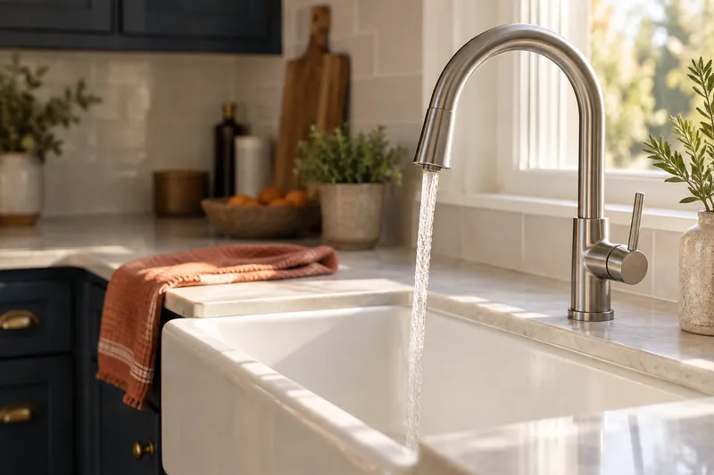 Brushed steel kitchen faucet above a ceramic sink