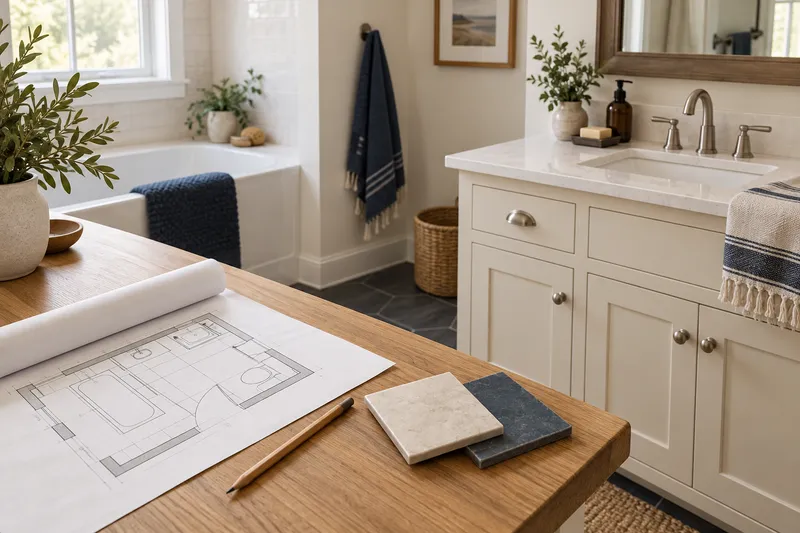 Bathroom fixtures, tile samples and a rolled planning sheet