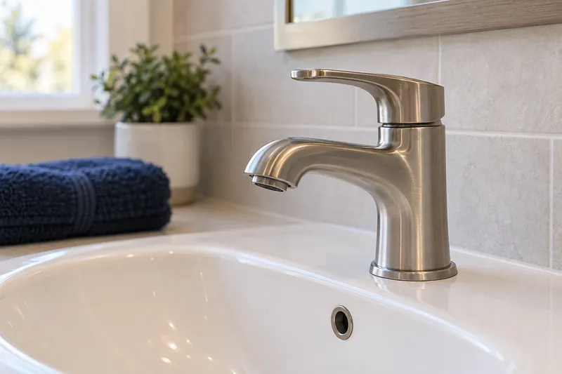 Brushed nickel faucet above a white bathroom basin